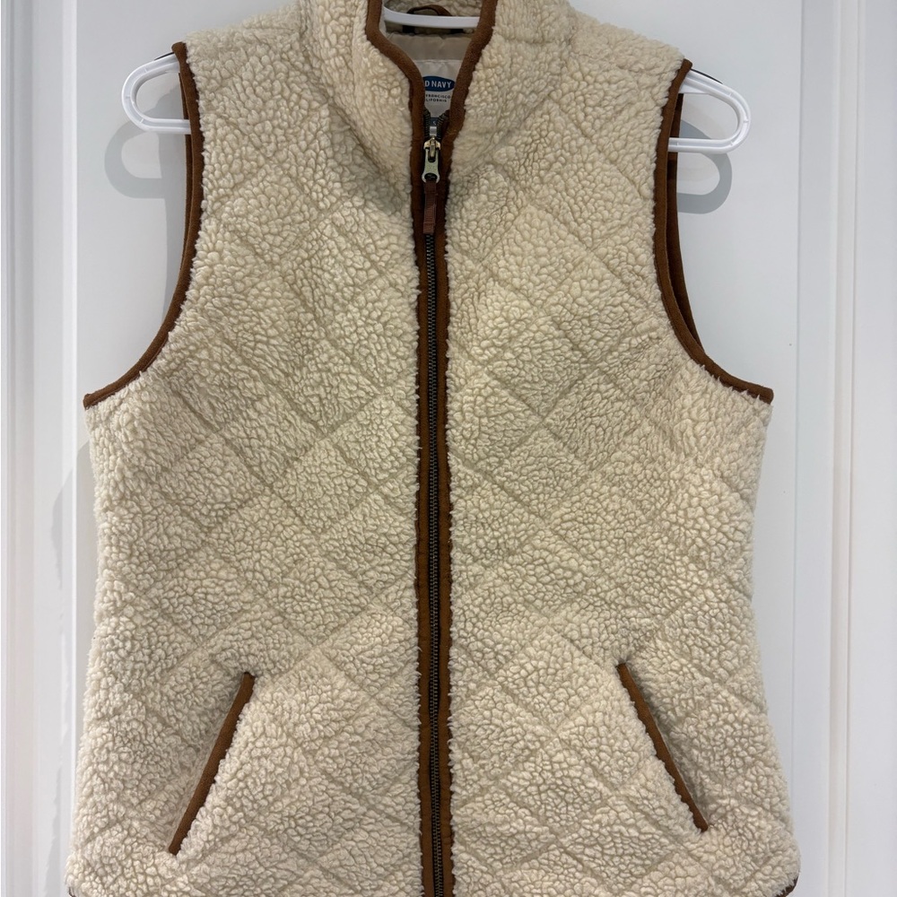 Old Navy Cream Sherpa Vest with Brown Trim